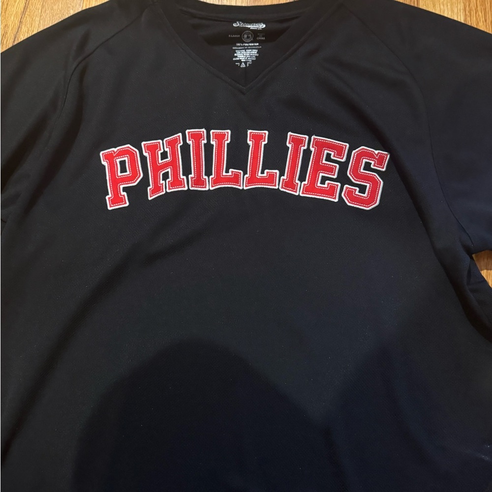 Phillies Stitches Black V-Neck with Red Lettering worn once